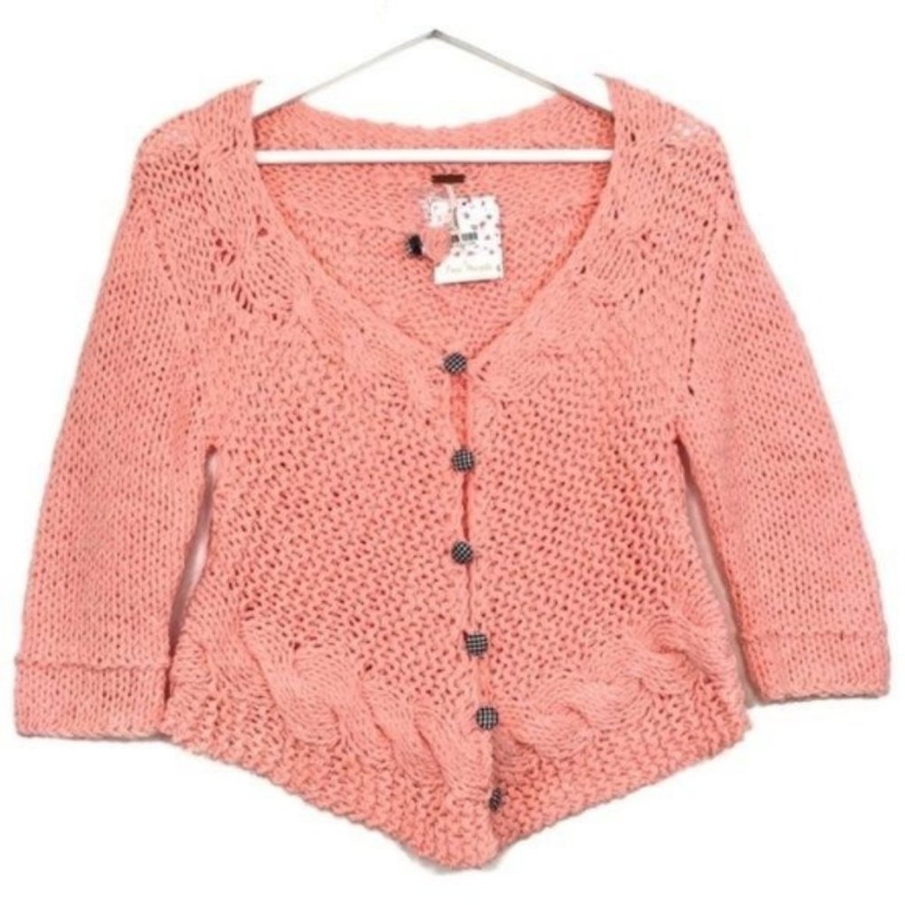 FREE PEOPLE Cable Knit Plaid Buttons Vintage Inspired Crop Cardigan Size S NWT